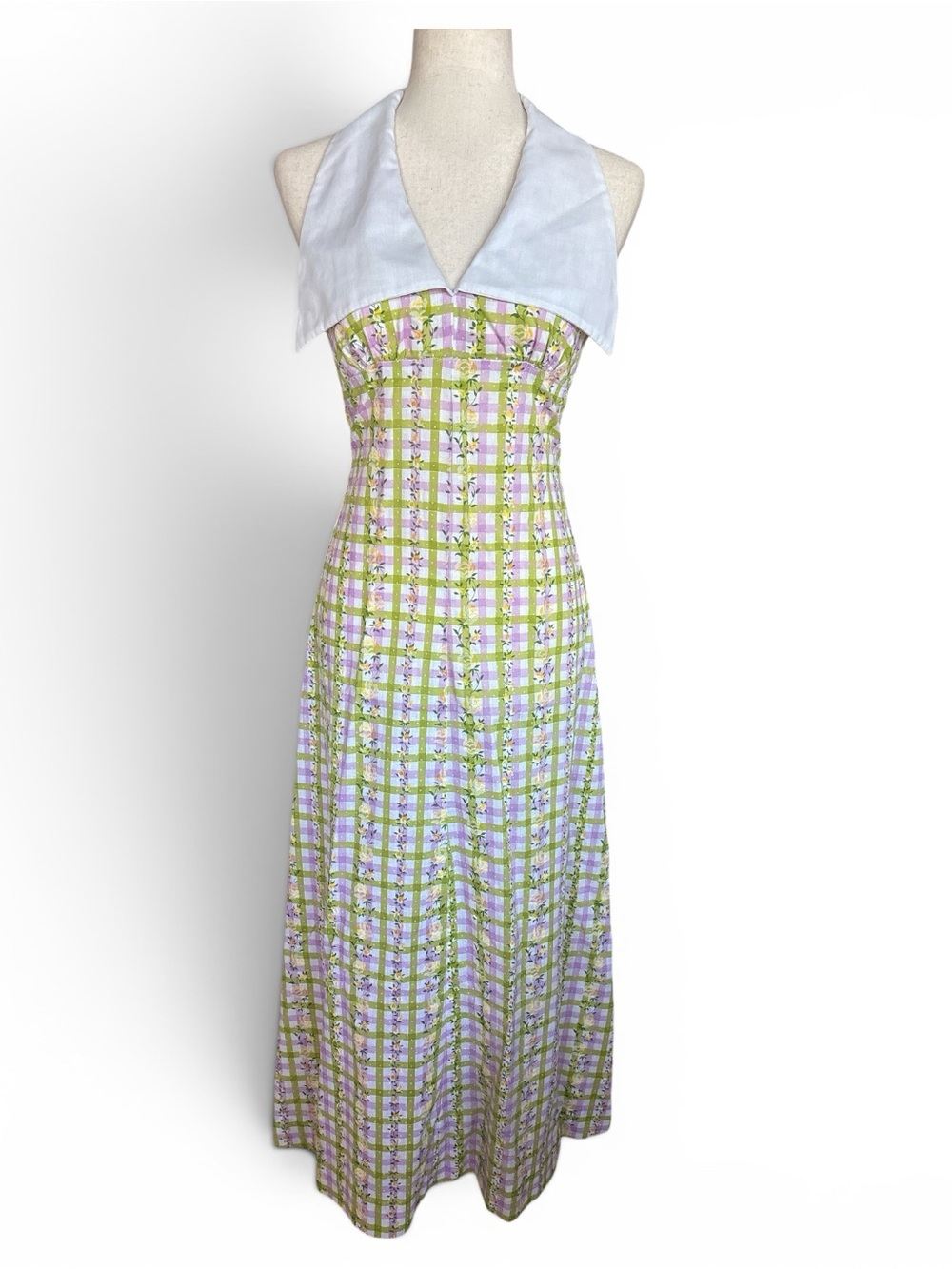 True Vintage 70’s Halter Maxi Dress with White Collar in Lavender and Lime Plaid